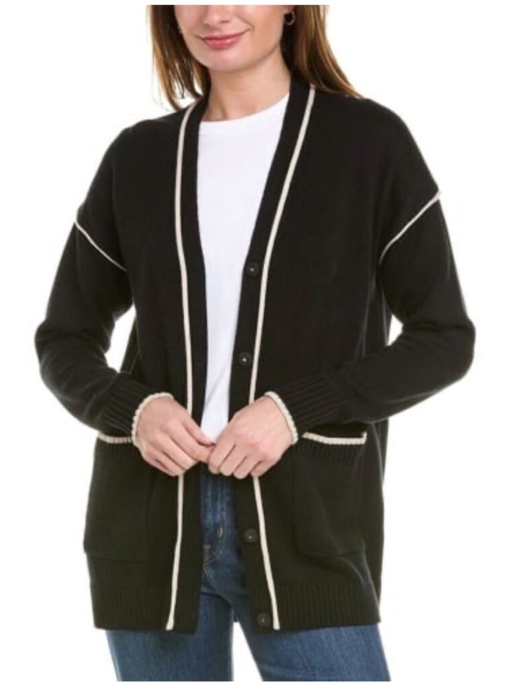 Cabi Black with White piping Comfort Cardigan Sweater Size S